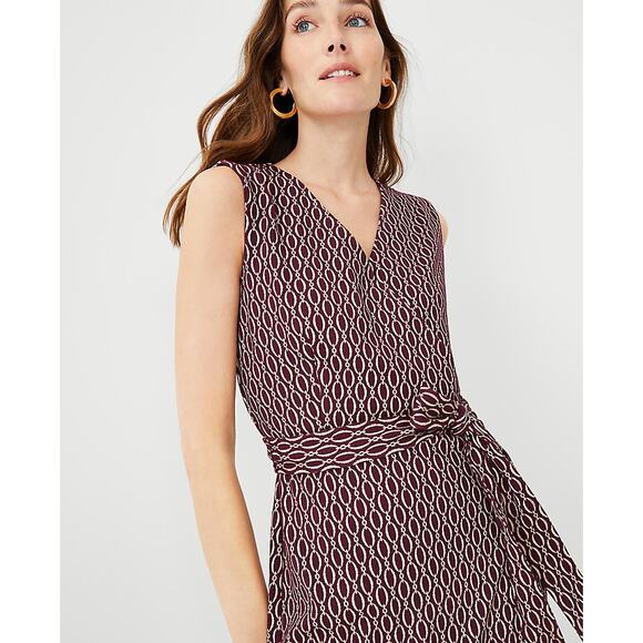 Ann Tylor Womens Belted Sheath Chain Print Midi Dress Burgundy 4P Boardroom Chic - Picture 2 of 14